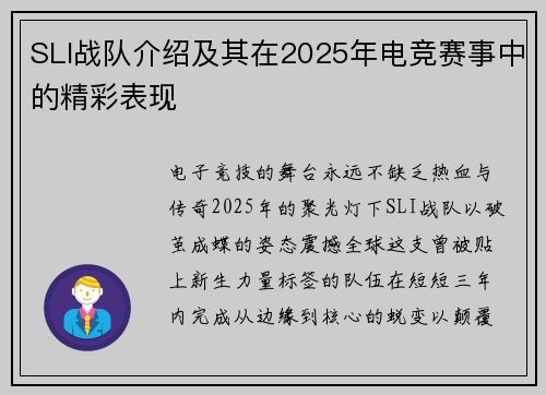 SLI战队介绍及其在2025年电竞赛事中的精彩表现