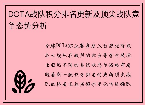 DOTA战队积分排名更新及顶尖战队竞争态势分析